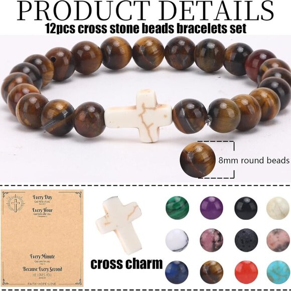 12Pcs Cross Bracelets Set Gemstone Beaded Stretch Faith Jewelry Unisex - Picture 3 of 7